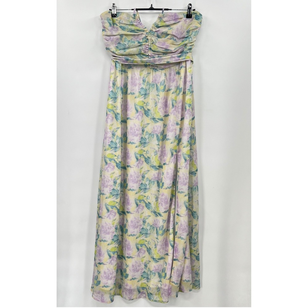 Lulus XL Maxi Dress‎ Womens Purple Yellow Floral Ruched Strapless Garden Party